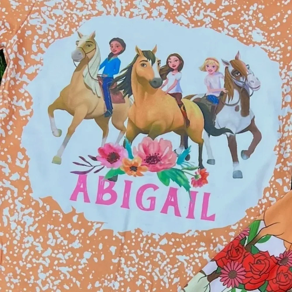 Abigail Floral Horse and Girls Peach Short Sleeve Shirt and Pant Set